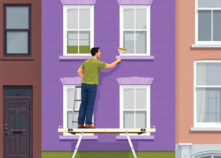Peintre sur échafaudage traitant la façade d'une maison